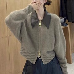 2025新款秋冬设计感拼接皮领双拉链洋气针织衫毛衣女别致复古上衣