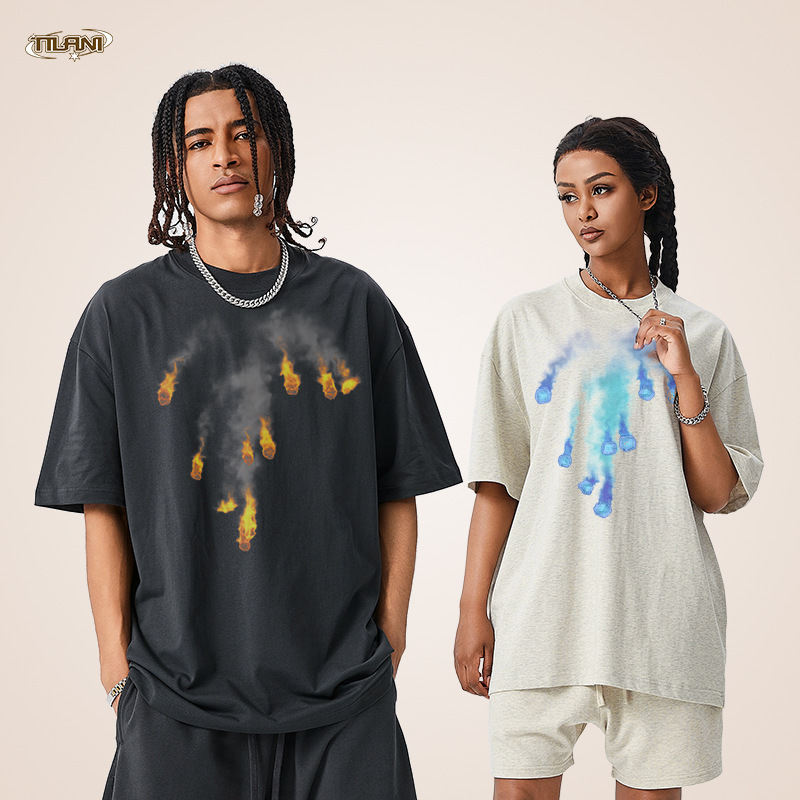 Tilani Men's High Street Versatile Loose Casual Cotton Short-Sleeved T-Shirt Meteor Ice Cube Falling Creative Printed T-Shirt