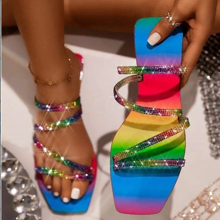 square toe one-word Rhinestones solid color/colorful flat slippers NSJJX133289