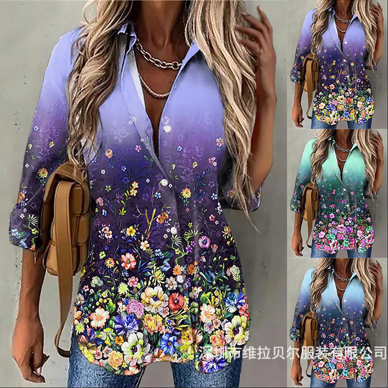 Amazon Aliexpress Wish European and American 2026 Spring Cross-Border Gradient Print Button Long Sleeve Shirt Amazon Aliexpress Wish European and American 2026 Spring Cross-Border Gradient Print Button Long Sleeve Shirt