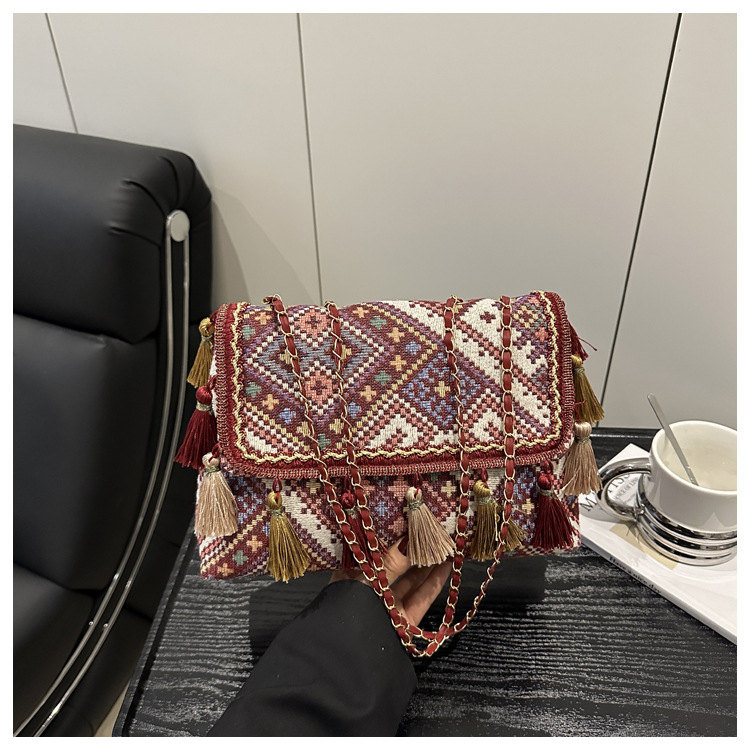 336g Weight Flip Cover Closure Type Single Shoulder Strap Strap Type Shoulder Bag Bags Type Casual, Holiday Occasion Cloth Material Geometric Pattern All Seasons Season Women's Gender Elegant, Ethnic Style Style Square Shape Women's Cloth Geometric Elegant Ethnic Style Square Flip Cover Shoulder Bag 37
