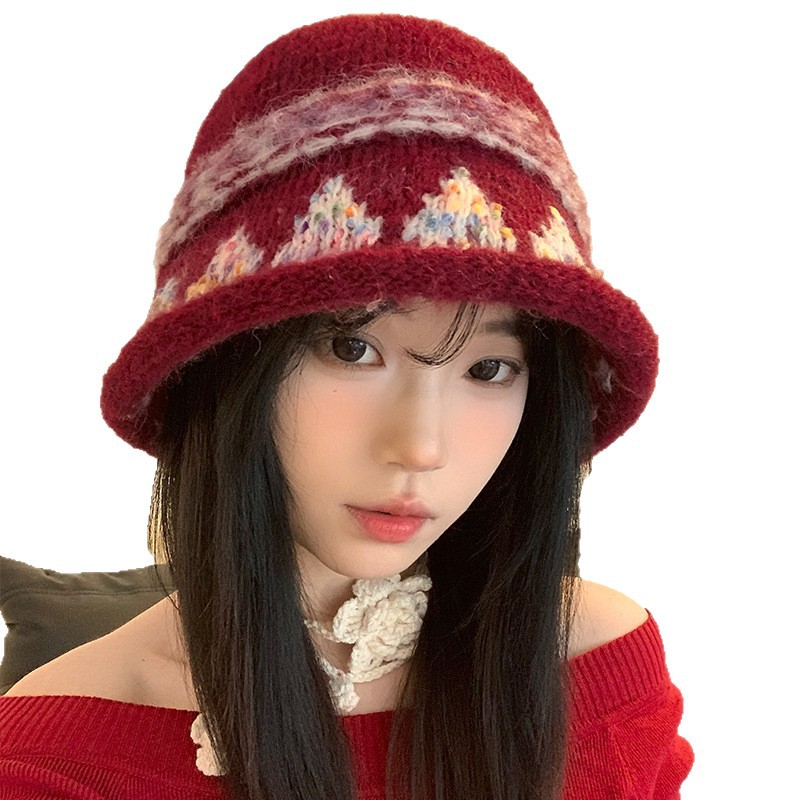 Sonbahar Kış Renkli Kıvrılmış Kenarlı Örme Kova 2025 Yeni Retro Etnik Stil Kulak Koruma Sıcak Yüz Zayıflama_voghion.com