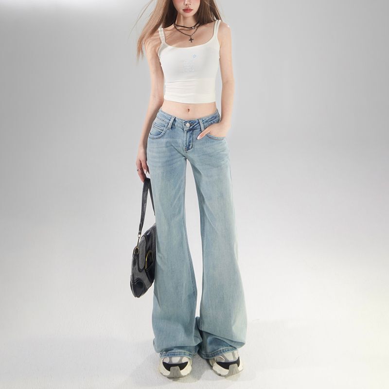 Poyz American Retro Low-Waist Hot Girl Flared Pants, Slim Fit, Versatile, Slimming, Drapey, Floor-Length Jeans for Women