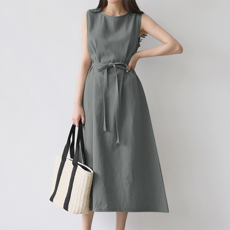 European And American Cross-border Women's Fashion Loose Bohemian Sleeveless Round-neck Solid Color Cotton-linen Long_ecoleips.com