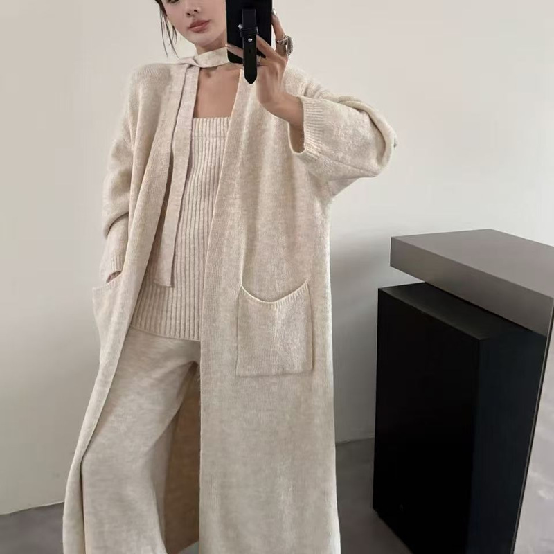 跨境休闲针织套装女2025秋冬新款长款针织外套抹胸背心裤子三件套|undefined