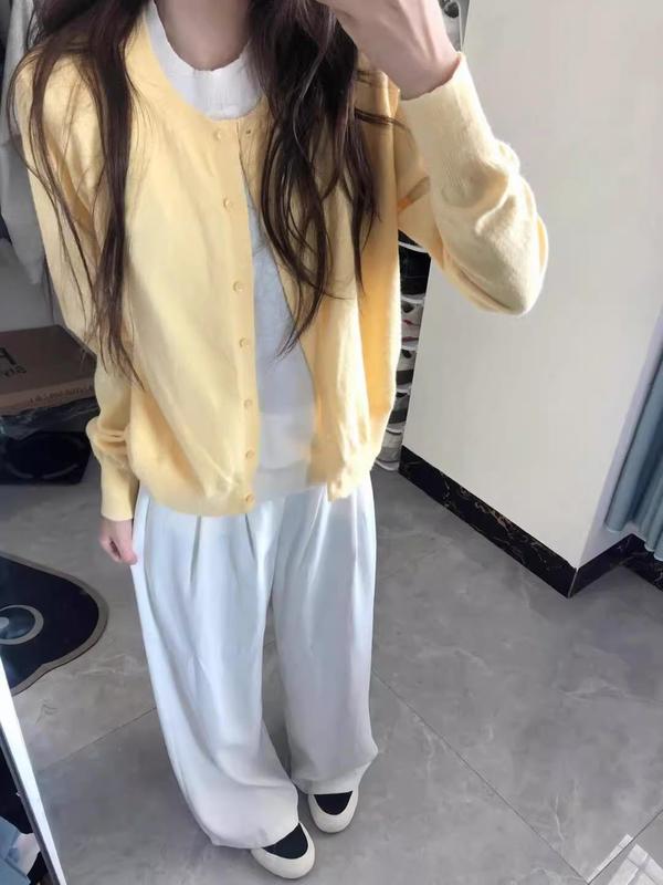 鹅黄色假两件长袖毛衣针织衫女春秋短款韩系早秋穿搭上衣开衫外套|undefined