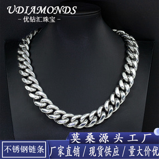 European and American Cross-Border Hip-Hop New 18mm Stainless Steel Necklace Cuban Chain Inlaid with Sterling Silver Moissanite Buckle Manufacturer Ready Stock
