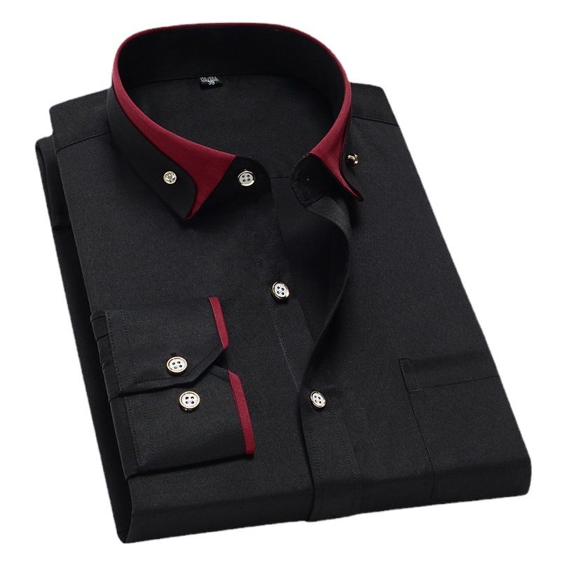 Nueva camisa de manga larga elástica con cuello de bloques de color para hombre, camisa informal de negocios cómoda y sin plancha para Europa, América y el Sudeste Asiático.