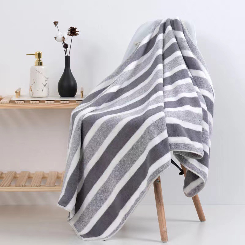 Grenzüberschreitendes Handtuch- und Badetuch-Set, verdickte Korallenfleecequalität, schlichtes dreistreifiges Design, weich, saugfähig, schnelltrocknend, fusselarm