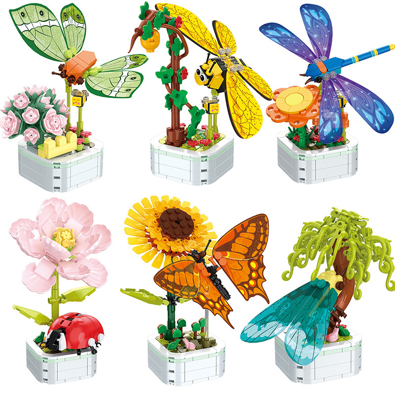 Cross-border Compatible Lego Small Insects and Flowers Potted Butterflies Bees Children's Creative Popular Science Building Blocks Toys
