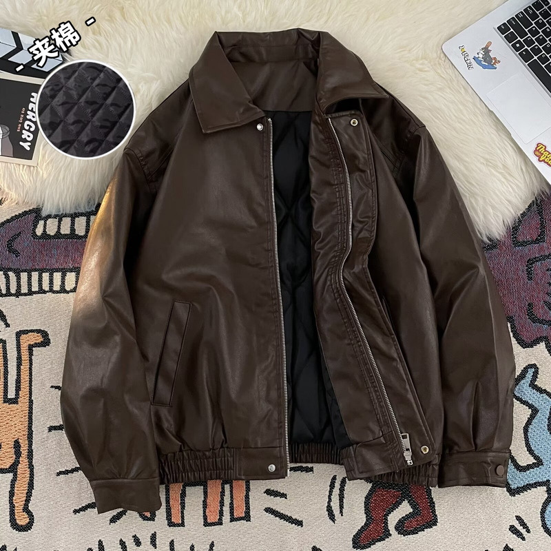 American-Style Brown Motorcycle Pu Leather Jacket for Men and Women, Quilted and Thickened, Versatile, Stylish, High-End, Turn-Down Collar Jacket Top American-Style Brown Motorcycle Pu Leather Jacket for Men and Women, Quilted and Thickened, Versatile, Stylish, High-End, Turn-Down Collar Jacket Top