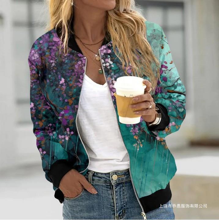 Amazon 2024 Cross-border Autumn and Winter Baseball Suit European and American Women's Long Sleeve Zipper Printed Jacket Coat POD Customization