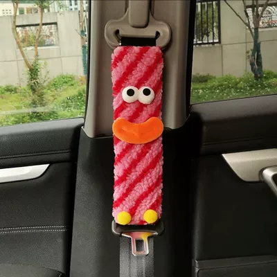 Decoration to Prevent Strangulation — Seat belt shoulder pad - red-and-pink-striped-safety-belt-shoulder-protector-eyes-mouth-jio-style