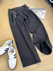 Men's Fall New Arrival Black Old Money Stripe Dress Pants, High-End Curved Straight-Leg Trousers with Flowing Drape & Wide-Leg Fit