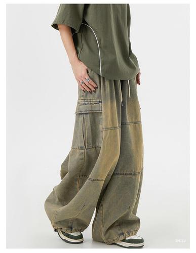 Retro Yellow Clay Wide-Leg Jeans for Men and Women, American Street Style Oversize Loose Fit with Multiple Pockets, Workwear Casual Pants