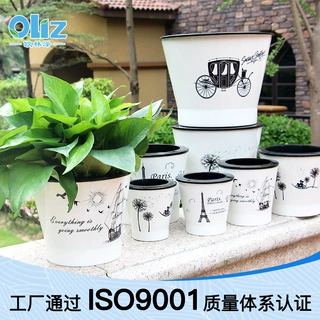 新款花盆厂家批发创意懒人花盆Q扇形带图案款黑白塑料大号送棉绳