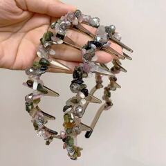 韓国クリスタルストーン歯付きライト高級ヘアフープヘアアクセサリーシンプルな気質レトロ多用途薄型ヘッドバンドヘアピン女性のヘアアクセサリー