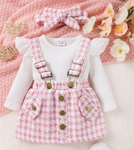 Baoxin children's clothing foreign trade Korean version autumn and winter pit strip top bow flying sleeves plaid suspender skirt girls two-piece suit