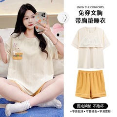 帶胸墊睡衣女夏季純棉短袖短褲韓版少女卡通貓咪可外穿家居服套裝