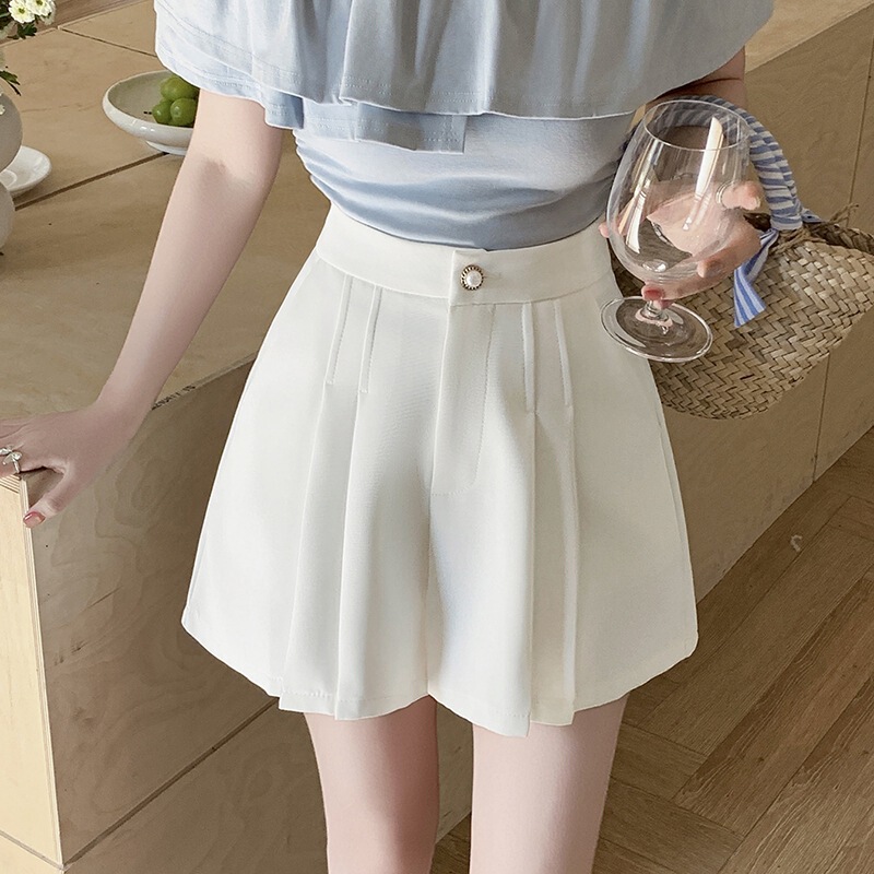 Black Pleated Culottes Women's Summer Casual Suit Shorts High-Waisted A-Line Wide-Leg Pants Slimming Look Versatile Anti-Exposure Culottes