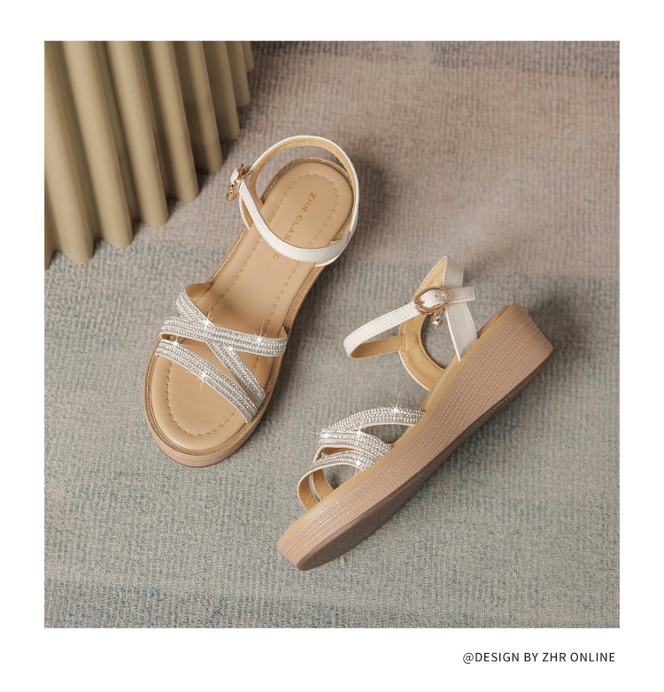 Sandal cao gót nữ đính đá phong cách La Mã, đế xuồng thoải mái — AY161 Trắng be chi tiết 19