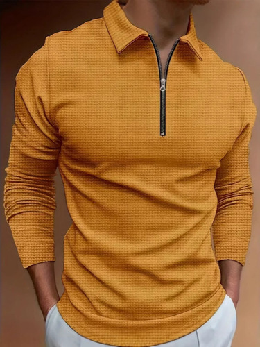 Honeycomb long-sleeve golf sports POLO shirt Western and European summer men's thin pure color collar casual versatile shirt