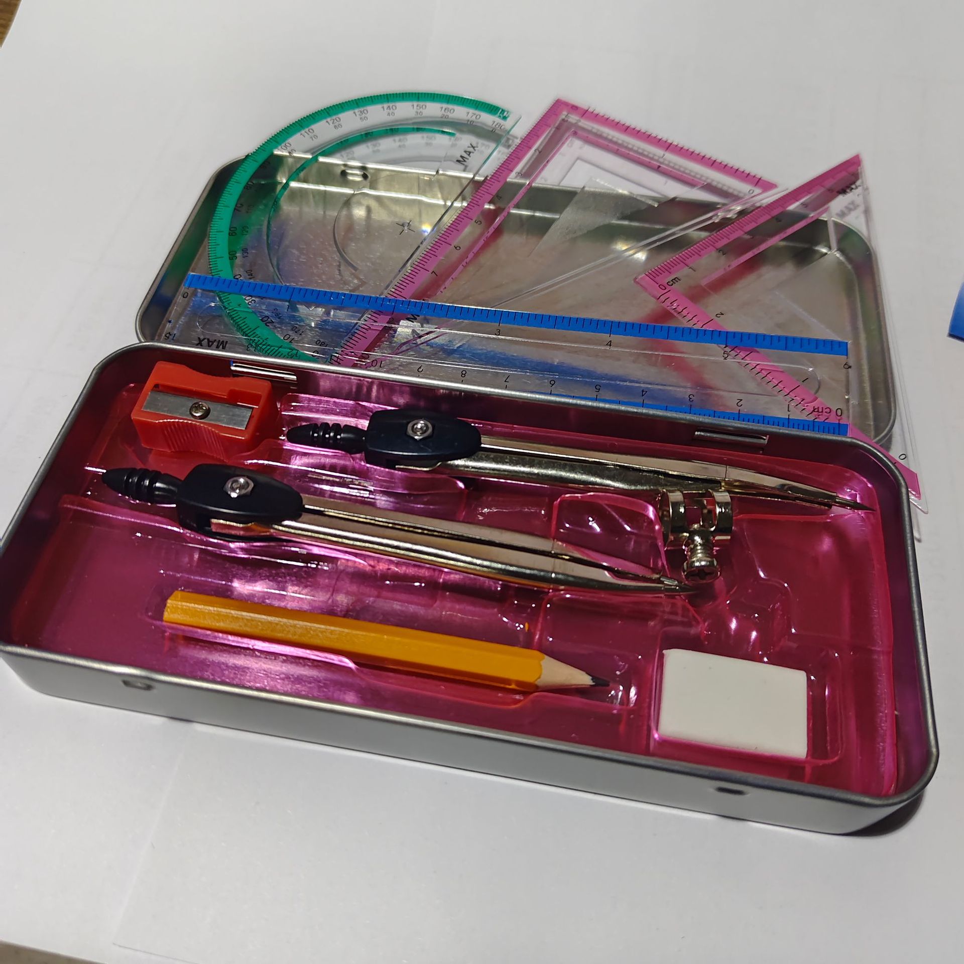caja de lata transfronteriza 9 piezas de herramientas de dibujo de la brújula metálica regla de regla de regla de triángulo regla recta al por mayor image 1