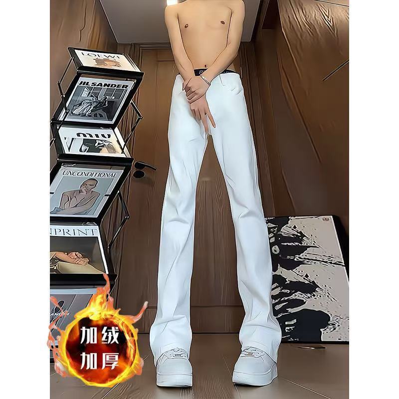 White Cleanfit Fleece-Lined Micro-Flared Jeans for Men in Autumn and Winter American High Street Vibe Pants Slimming Look Men's Pants