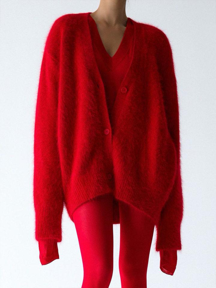 Áo cardigan len dệt kim giả lông chồn cổ V tay dài form rộng nữ — Màu hồng, Màu kaki, Màu trắng, Màu xám nhạt chi tiết 37