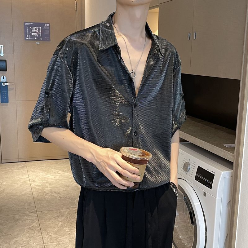 Summer 2026 New Men's High-End Liquid Metallic Reflective Glossy Half-Sleeve Shirt Men's Stylish Shirt Summer 2026 New Men's High-End Liquid Metallic Reflective Glossy Half-Sleeve Shirt Men's Stylish Shirt