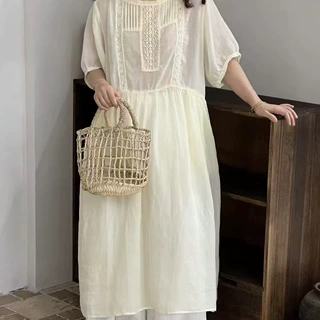 2026夏季新款女圆领日系苎麻连衣裙宽松中长裙套头裙子甜美刺绣