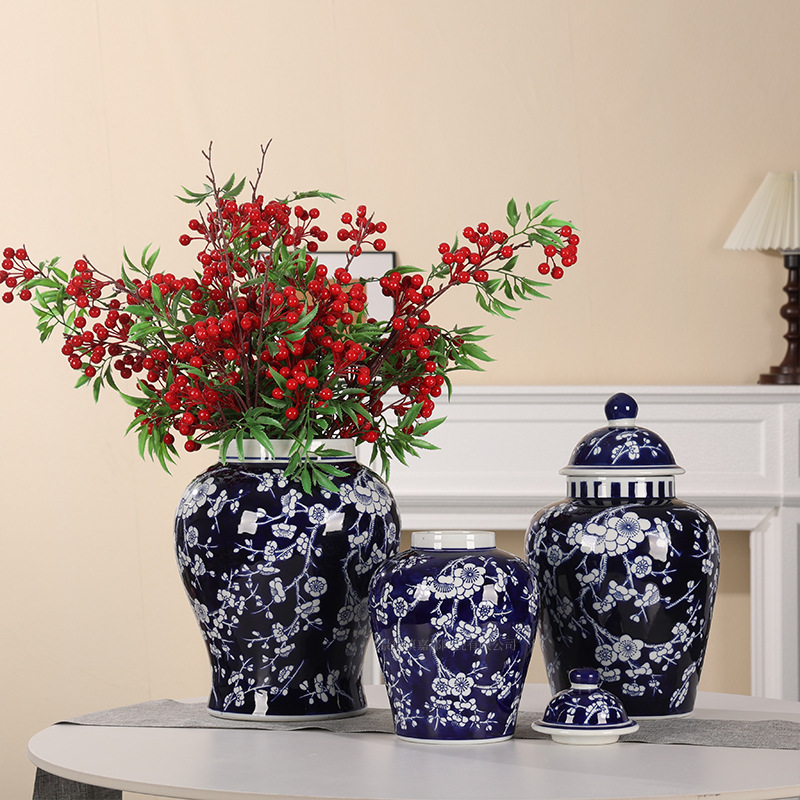 景德镇青花瓷花瓶蓝底冰梅陶瓷将军罐摆件套装客厅复古茶叶罐装饰