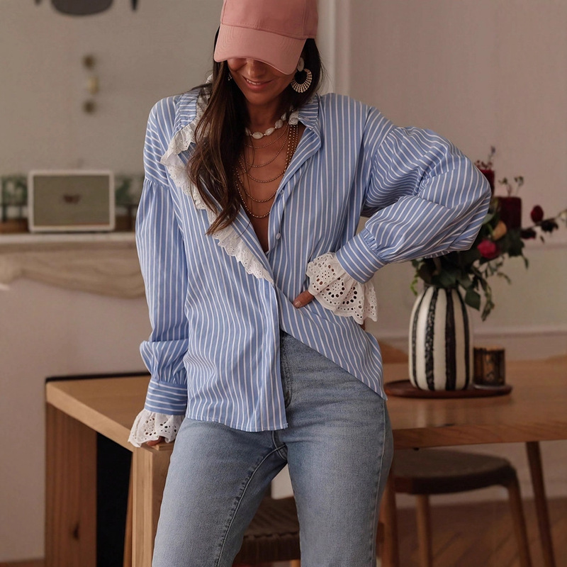 Cross-Border 2025 Autumn New Korean Style Elegant Casual Women's Lazy Striped Lace Splicing Shirt Top