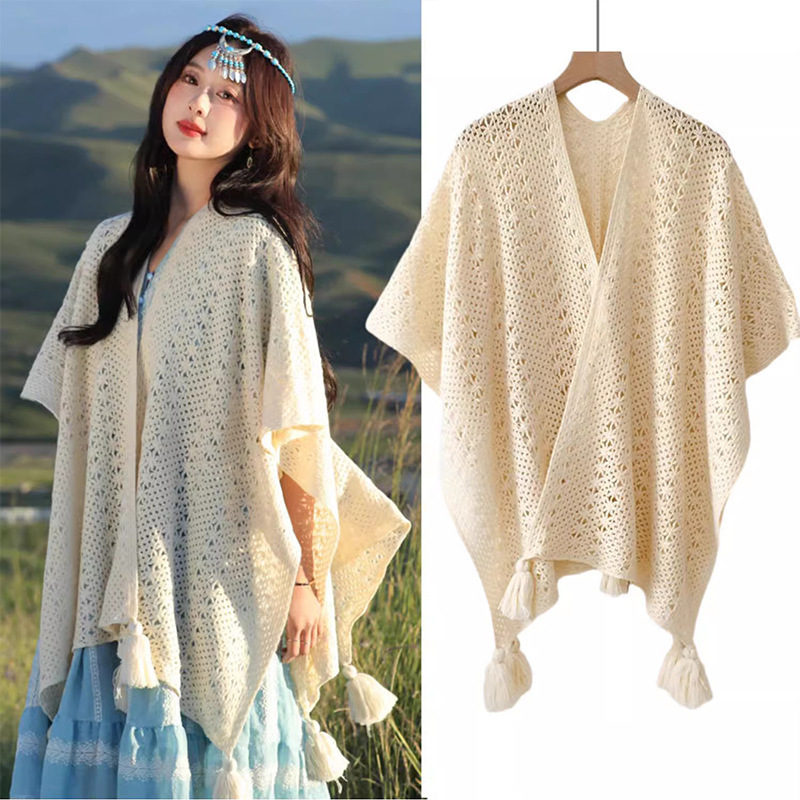 Ethnic Style Solid Color Hollow Knitted Shawl Outer Decoration Women's Xinjiang Travel Wear All-match Cape Cape Shawl