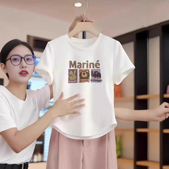 ヨーロッパ駅の正肩のアーチ形の裾の純綿半袖tシャツ女性2025夏の新型丸襟の短い半袖上着