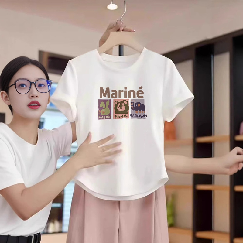 European Station Shoulder Curved Hem Cotton Short-sleeved T-shirt Women's 2025 Summer New Round Neck Short Half-sleeved Top