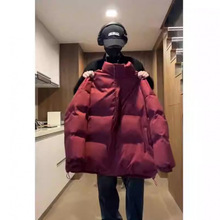 酒红色嘉兴平湖羽绒服男款冬季加厚美式外套情侣装立领面包服