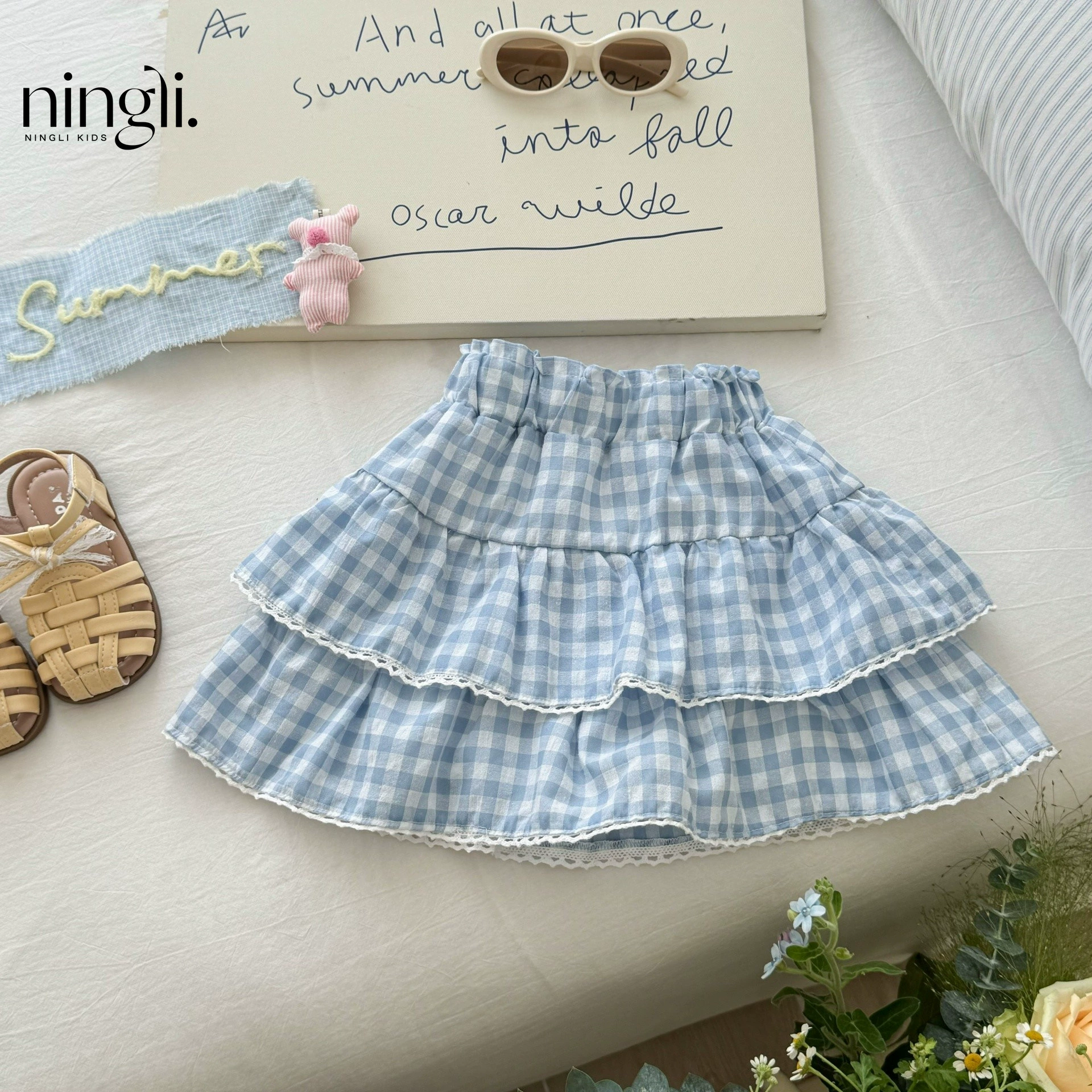 柠里 Cartoon mini-skirt, summer children's T-shirt, cute plaid skirt, set