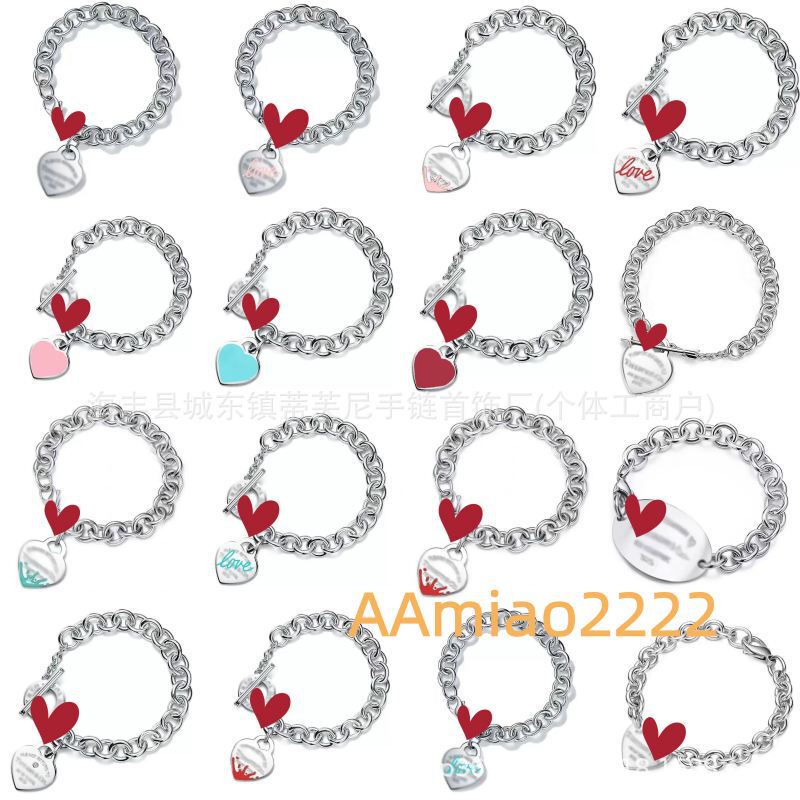 T Brand High-End V Gold Ot Heart Blue Enamel Bracelet Plated with 18K Peach Heart-Shaped Bracelet, Unisex, 925 Silver