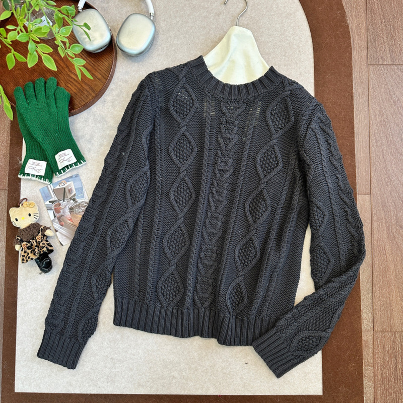 In Stock/Stay-At-Home Girl Style A*T100 Cotton Loose Shoulder Round Neck Versatile Retro Cable Knit Pullover Sweater for Women! In Stock/Stay-At-Home Girl Style A*T100 Cotton Loose Shoulder Round Neck Versatile Retro Cable Knit Pullover Sweater for Women!
