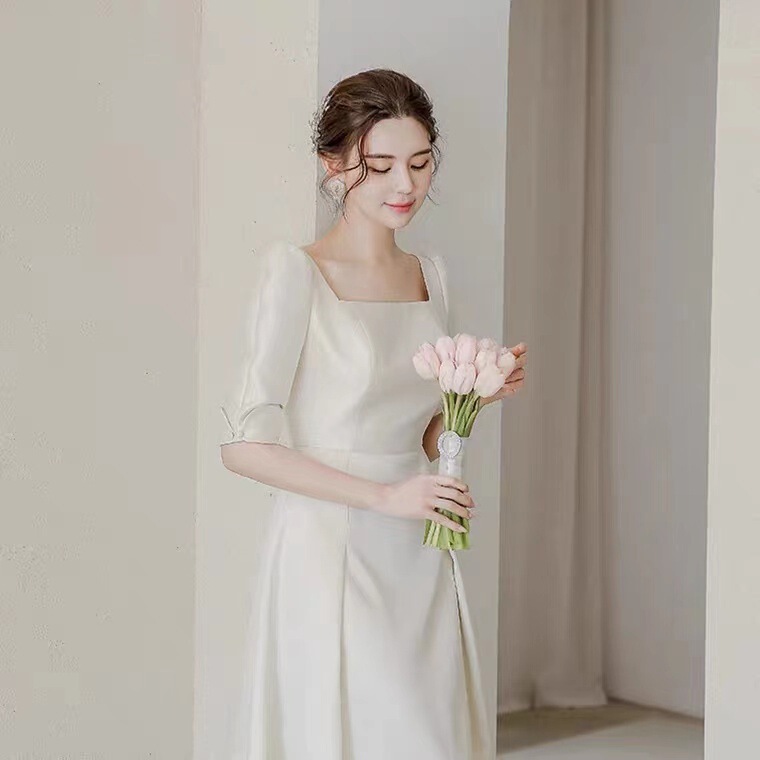 Cross-Border Wholesale Light Wedding Dress Bride Engagement Square Collar Fairy Style Slim White Dress Certificate Daily Long Dress Cross-Border Wholesale Light Wedding Dress Bride Engagement Square Collar Fairy Style Slim White Dress Certificate Daily Long Dress
