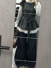 微胖韩系半高领假两件衬衫女上衣春季花边泡泡袖绑带收腰衬衣