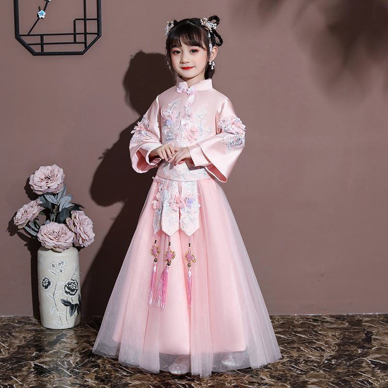Hanfu girl autumn outfit Chinese-style traditional costume, fairy-like children's plus-size Tang-style autumn set, large child Guzheng performance costume
