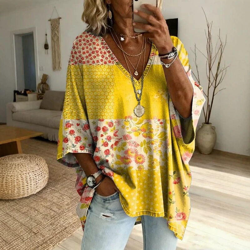 2026 New Cross-Border Women's 3D Floral Pattern Printed Summer V-Neck Loose Casual Top Pod 2026 New Cross-Border Women's 3D Floral Pattern Printed Summer V-Neck Loose Casual Top Pod