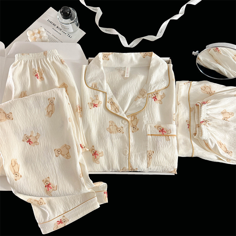 Pijamas de amor dulce de color, pantalones de manga corta de hilo de algodón de nube de verano para mujer, cárdigan de tres piezas, servicio a domicilio