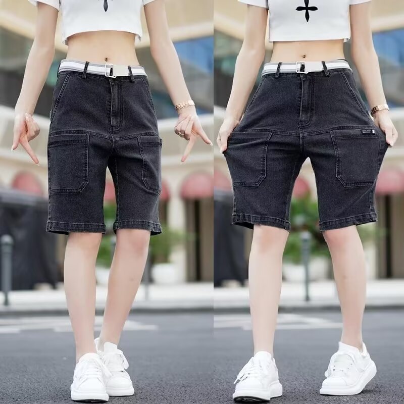 Pantalones cortos de mezclilla de la calle para hombres 2024 marea de verano retro lavado y pantalones de pierna recta desgastados pantalones de cintura elástica sueltos de cinco puntos