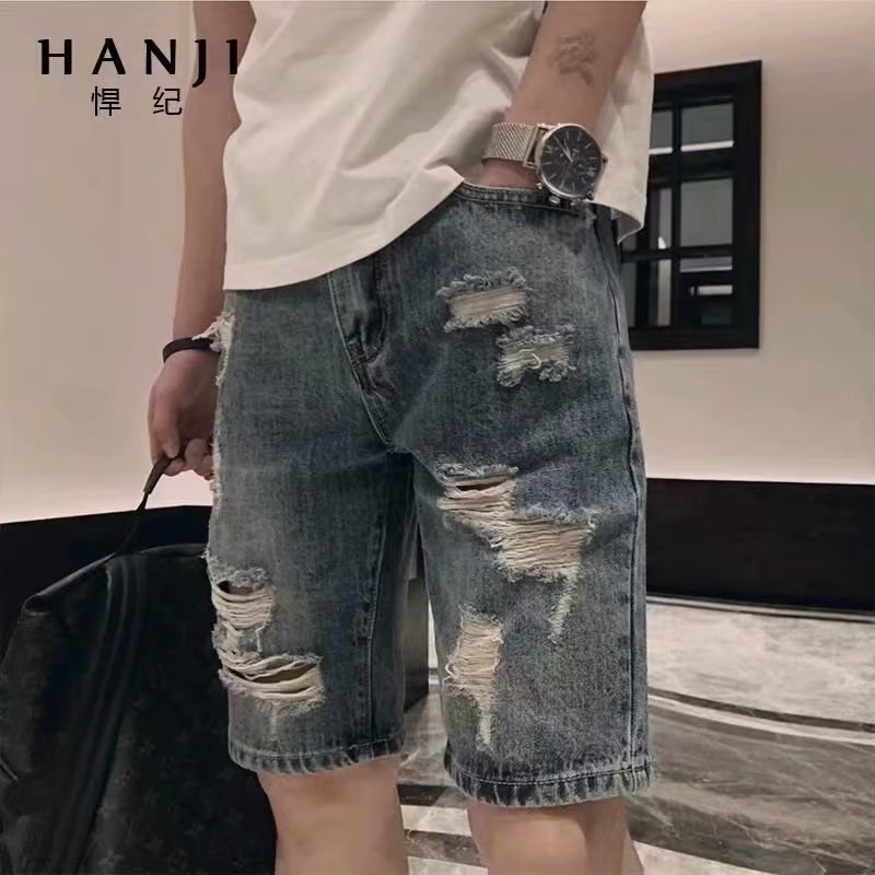 Summer Ripped Trendy Jeans Men's Korean-style Slim-fit Shorts Men's Ripped Beggar Pants Handsome Five-point Pants for Men
