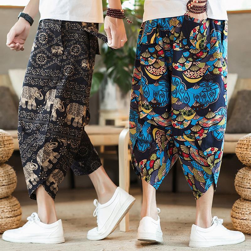 Thai Elephant Pants Men's Chinese Style plus size Capri Pants Fashion Brand Thai Beach Pants Burmese Dai Radish Pants