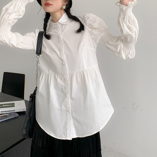 2025 Spring Korean Style White Rose Youthful Subtle Design Bubble Petal Sleeve Unique Long-Sleeve White Shirt Trend