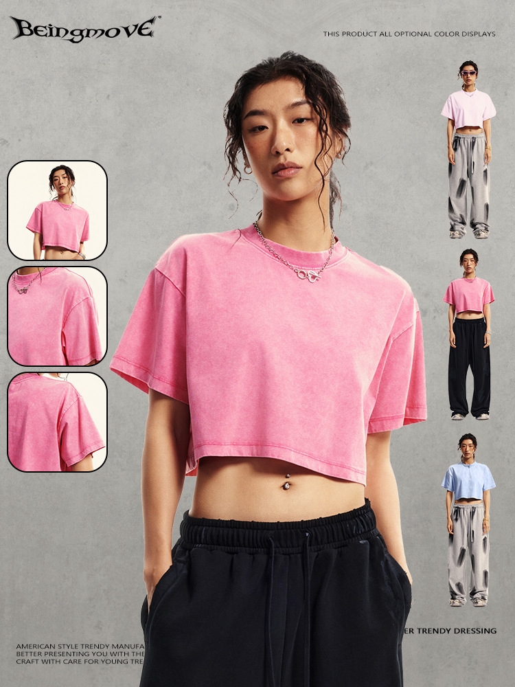 Ropa de mujer 2025 primavera y verano marca de moda nuevo estilo tops de ombligo sexy ropa suelta corta camiseta deportiva de manga corta mujer